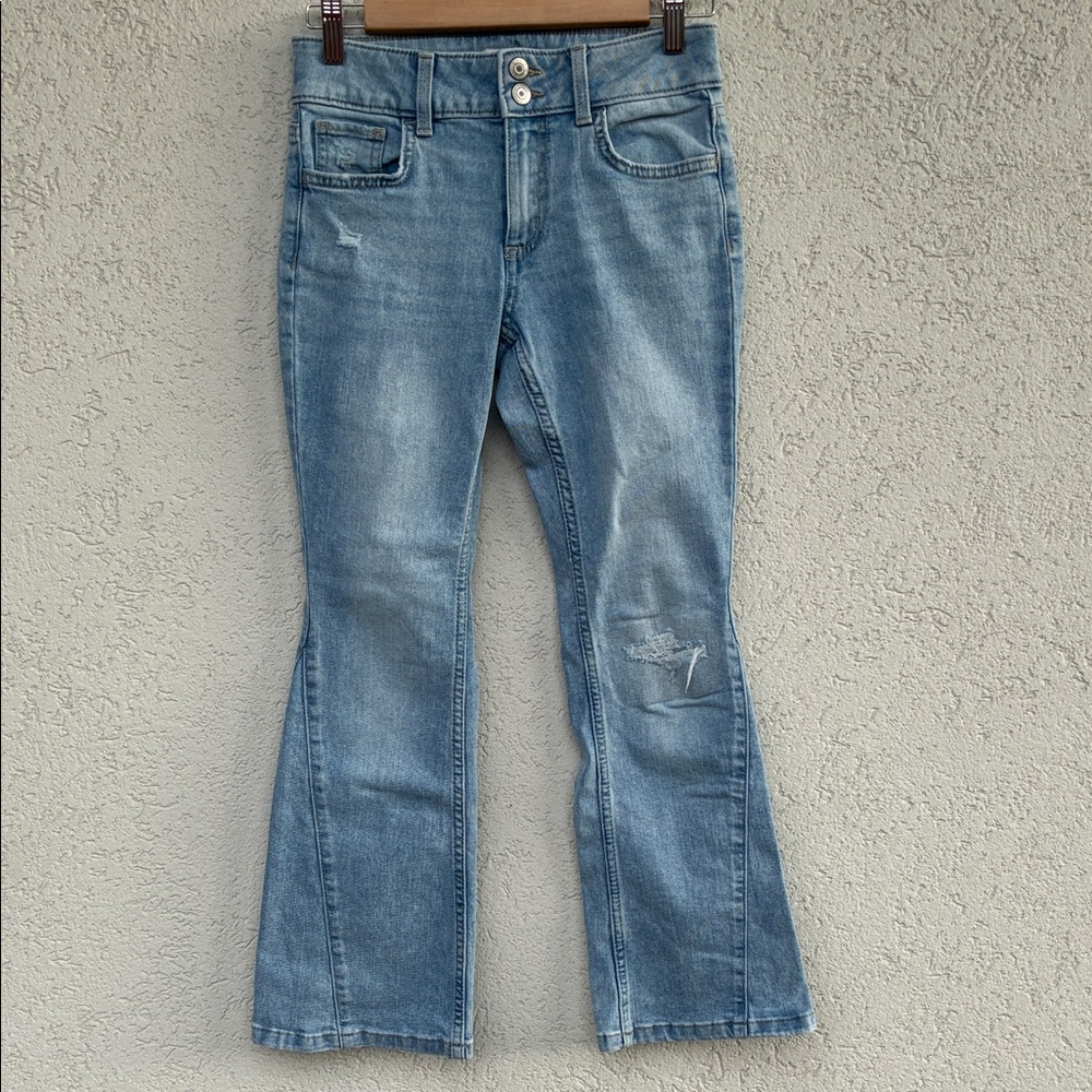 SO girls flare jeans distressed with elastic tighteners inside